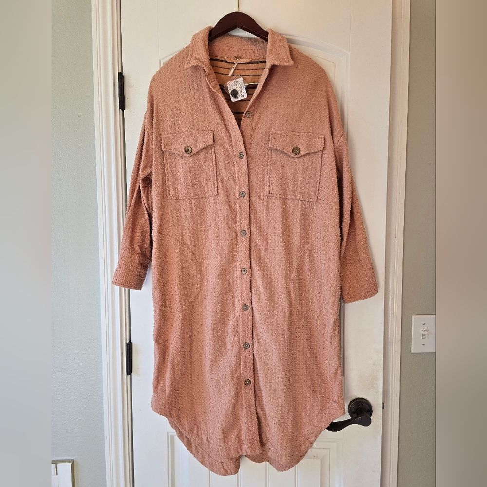 NWT Free People Textured Shacket Boho Mauve Duster Oversized Button Dwn Dress Xs - Picture 3 of 12